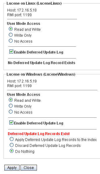 Lucene Nodes page with Deferred Update Log options