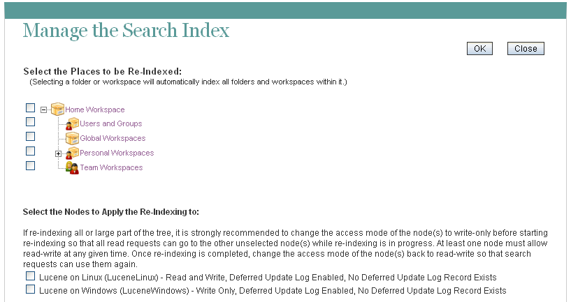 Manage the Search Index page