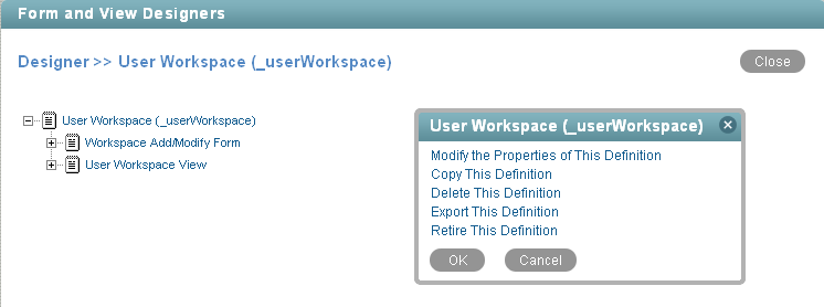 Form and View Designers page with User Workspace window