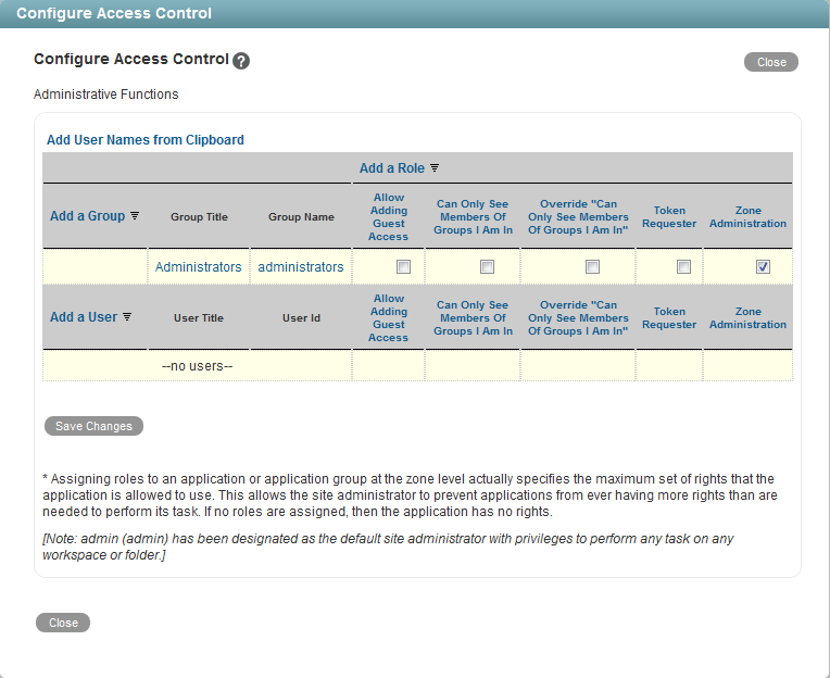 Configure Access Control page for zones