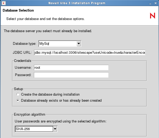 Database Selection page
