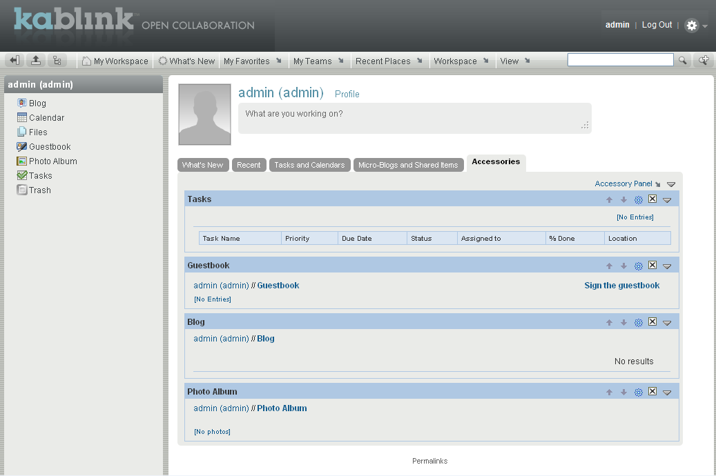 Kablink Teaming administrator’s personal workspace