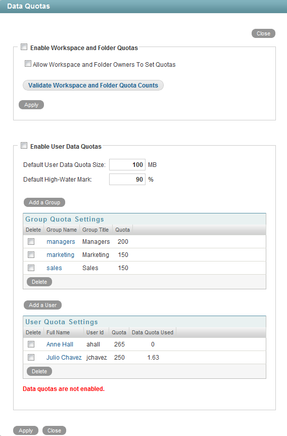 Manage Data Quotas Page