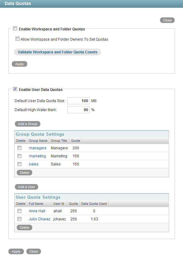 Manage Data Quotas page