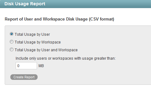 Disk Usage Report page