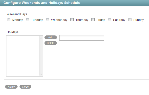 Configure Weekends and Holidays page