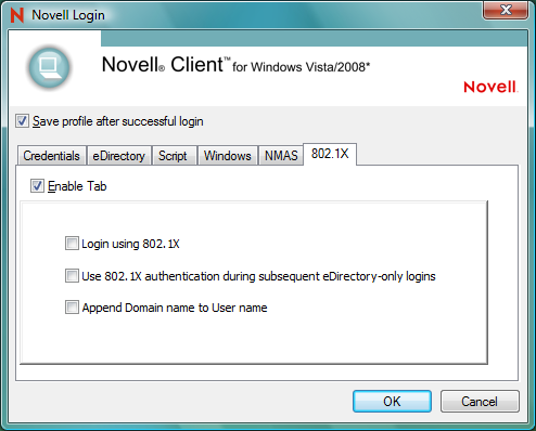 Novell Login dialog box, 802.1X tab