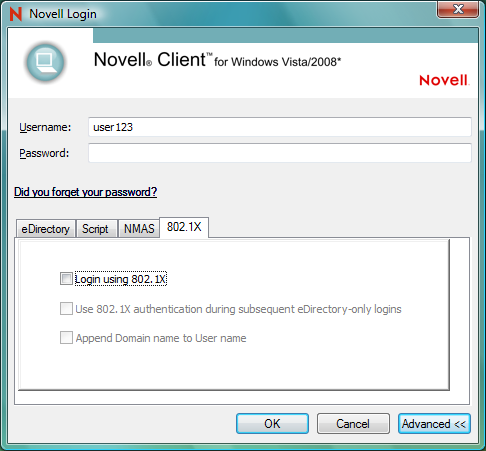 Novell Login dialog box, 802.1X tab