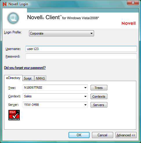 Novell Login dialog box with DHCP-enabled login profile selected