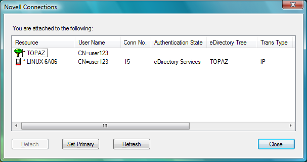Novell Connections Dialog Box