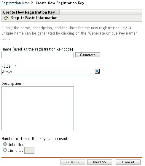 Create New Registration Key Wizard - Basic Information page