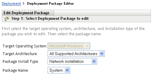 Edit Deployment Package Wizard > Select Deployment Package to Edit page