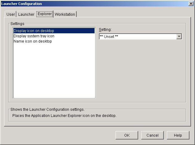 Launcher Configuration dialog box with the Explorer tab displayed