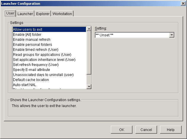 Launcher Configuration dialog box with the User tab displayed
