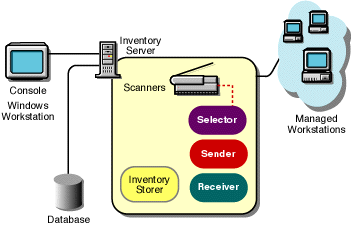 The Scanners, Selector, Sender, Receiver, Storer, and Inventory database component on the server