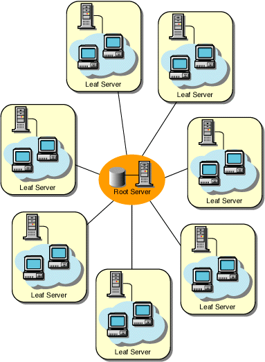Several Leaf Servers connected to a central Root Server