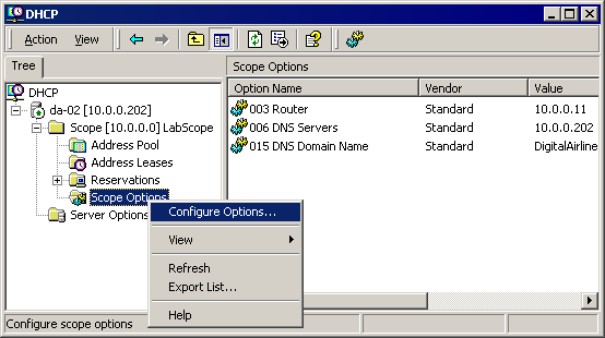 Screen shot of the DHCP Management Window on a Windows 2000 server.