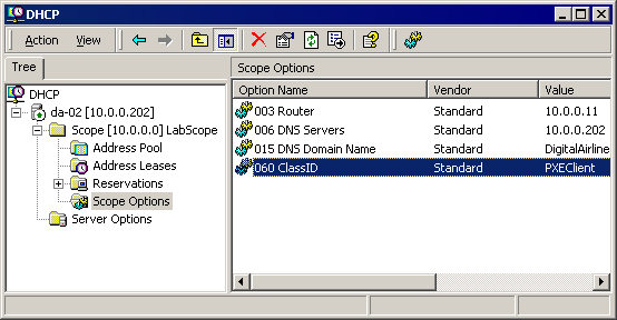 Screen shot of the DHCP management console. Option 60 is listed as a Scope Option.