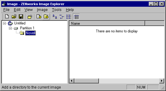 Screen shot of the ZENworks Image Explorer window. The Novell folder is selected.