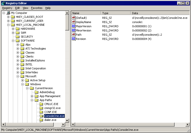 Screen shot of the Registry Editor window. The ConsoleOne.exe key is selected and various values in the key are displayed.