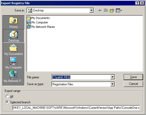 Screen shot of the Export Registry File dialog box with the C1PATHD.REG file shown in the File Name field, ready to be saved.