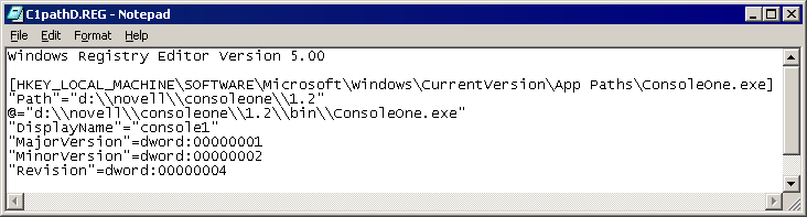 Screen shot of Notepad.exe open with the contents of C1PATHD.REG displayed. 