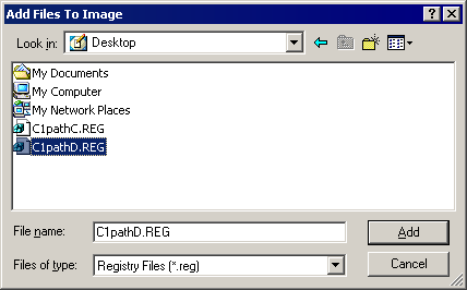 Screen shot of the Add Files to Image dialog box accessedfrom the ZENworks Image Explorer.