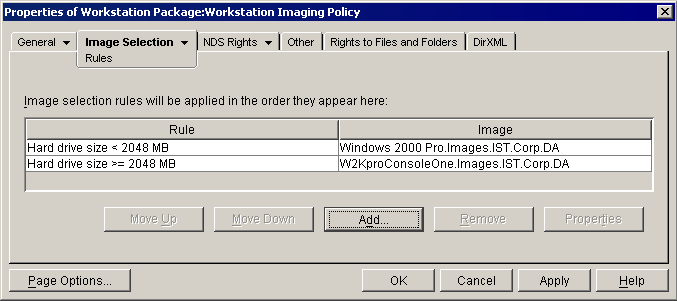 Screen shot of the Properties of Workstation Package: Workstation Imaging Policy page. The Image Selection tab is selected.
