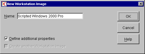 Screen shot of the New Workstation Image dialog box. Scripted Windows 2000 Pro has been typed in the Name field.