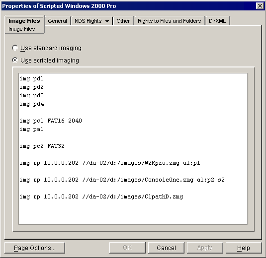Screen shot of the Properties page of the Scripted Windows 2000 Pro Workstation Image object. The Image Files tab is selected.