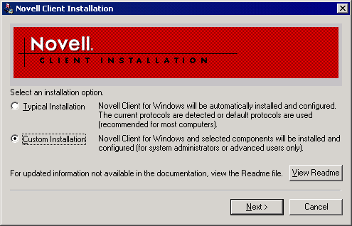 Screen shot of a Novell Client Installation dialog box. The Custom Installation option is selected.