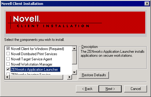 Screen shot of a Novell Client Installation dialog box with ZENworks Application Luancher selected.