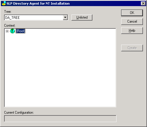 Screen shot of the SLP Directory Agent for NT Installation dialog box.