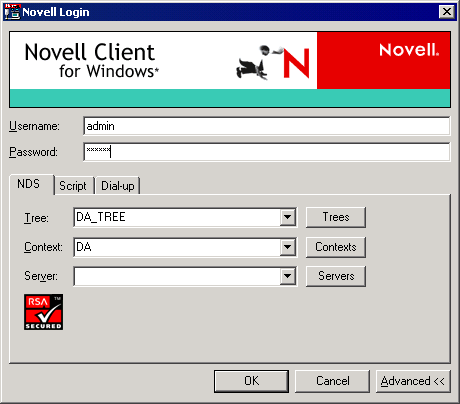 Screen shot of the Novell Client login dialog box.