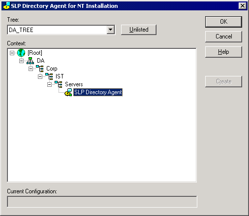 Screen shot of the SLP Directory Agent for NT Installation  dialog box.
