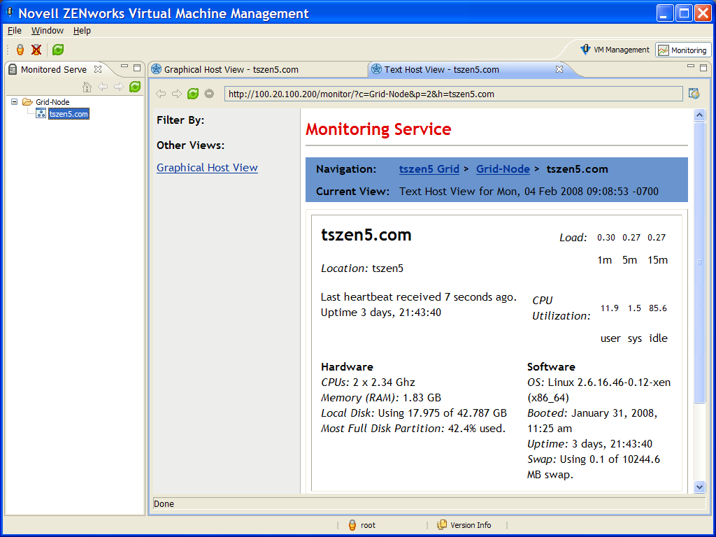 Monitoring Service Text Host View in the ZENworks VM Management Console
