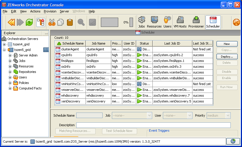 Scheduler Section of ZENworks Orchestrator Console Showing VNC Job Not Run