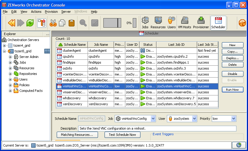 Scheduler Section of ZENworks Orchestrator Console with VNC Job Run