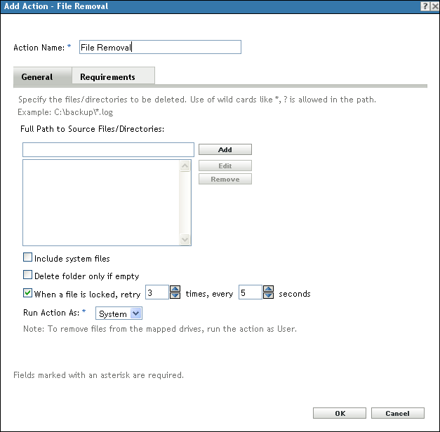 Action - File Removal Dialog Box