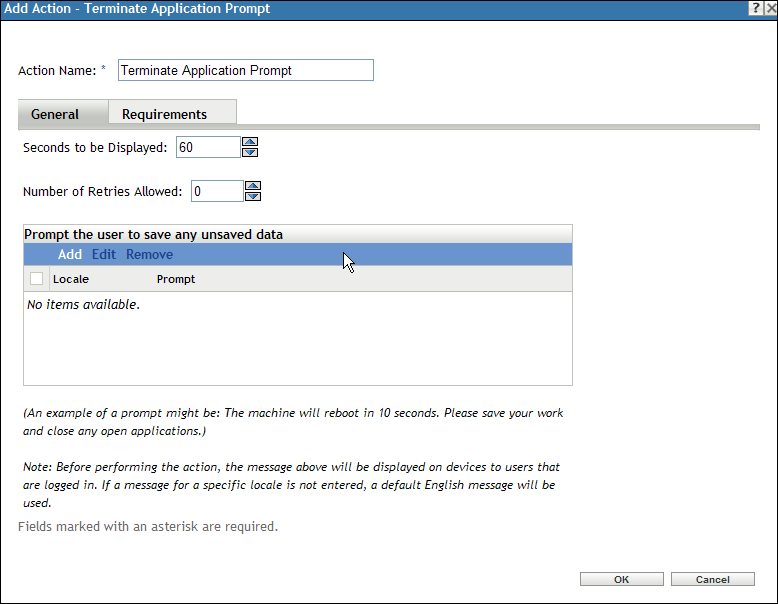 Action - Terminate Application Prompt Dialog Box