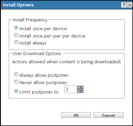 Action Set Options - Install Options Dialog Box