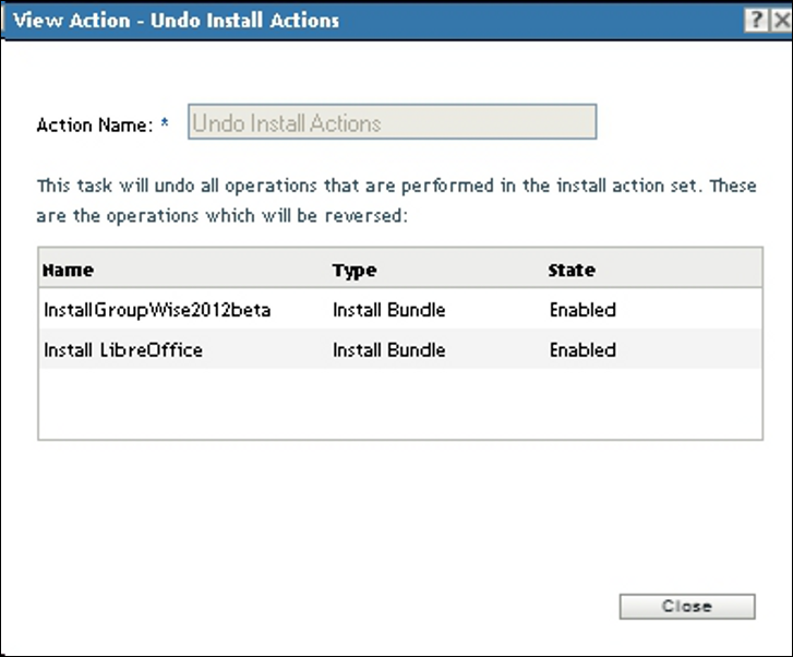 Action Set - Undo Install Actions Dialog Box