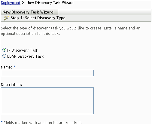 New Discovery Task Wizard > Select Discovery Type page