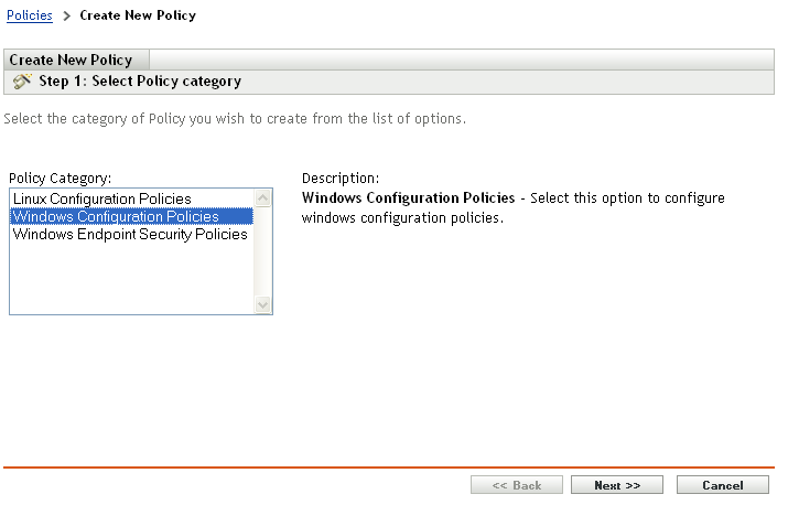 Select Policy Category page of the Create New Policy wizard