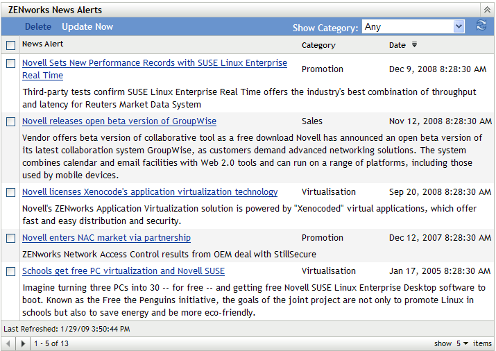 ZENworks News Alerts Panel on the Home Page of ZENworks Control Center