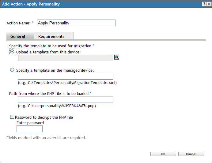 Action - Apply Personality Dialog Box