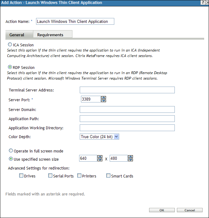 Action - Launch Windows Thin Client Application Dialog Box: RDP Session