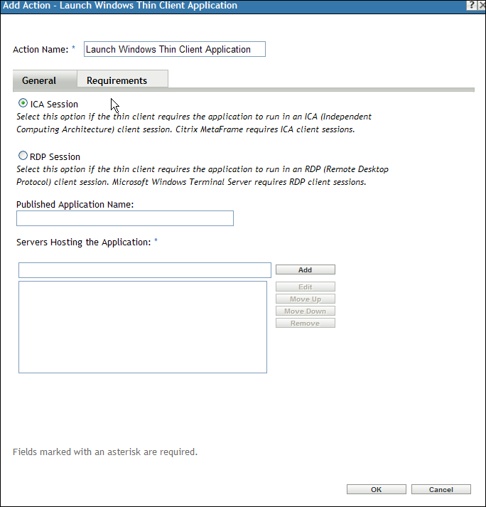 Action - Launch Windows Thin Client Application Dialog Box: ICA Session
