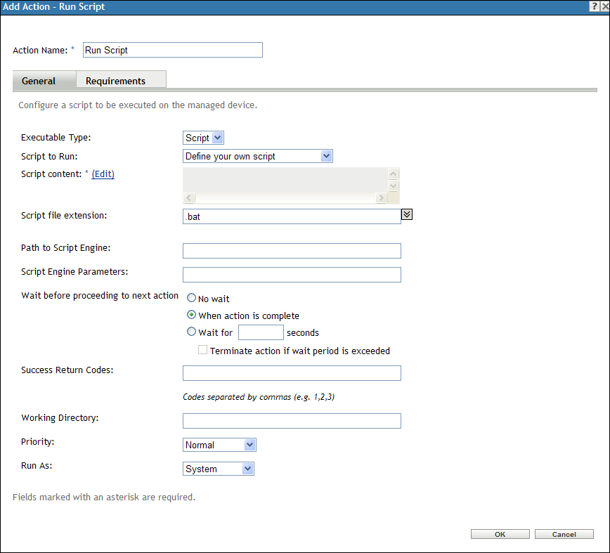 Action - Run Script Dialog Box with the Define Your Own Script option selected