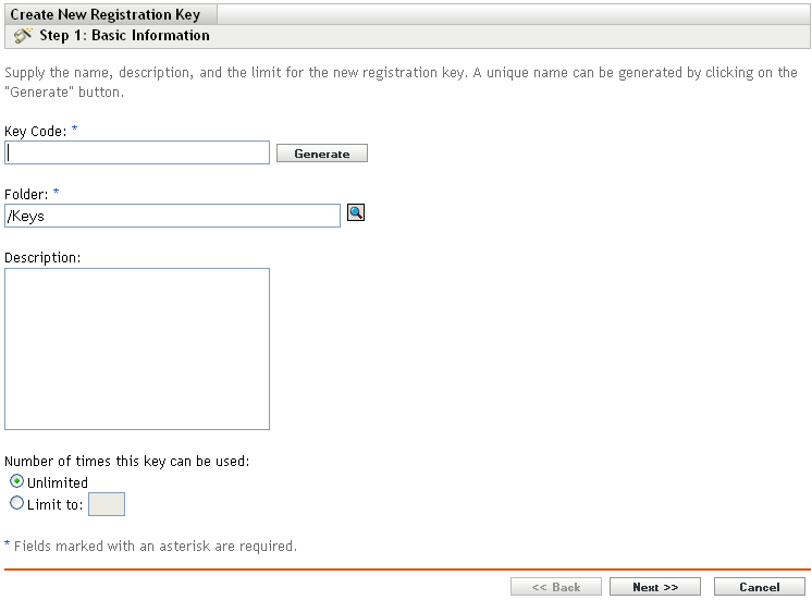 Create New Registration Key Wizard - Basic Information page